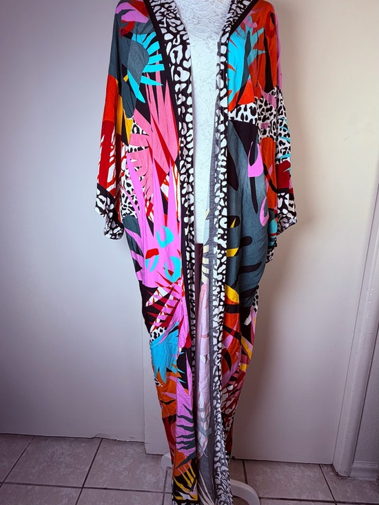 None Other - Abstract Multicolor Open-Front Kimono Cape - Pink & Teal